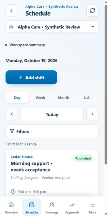 Team schedule showing a published shift and scheduler controls