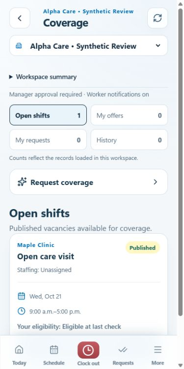 Worker coverage screen for shift requests and offers