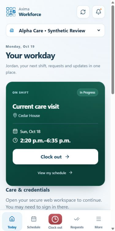 Worker Today screen displaying the current assignment