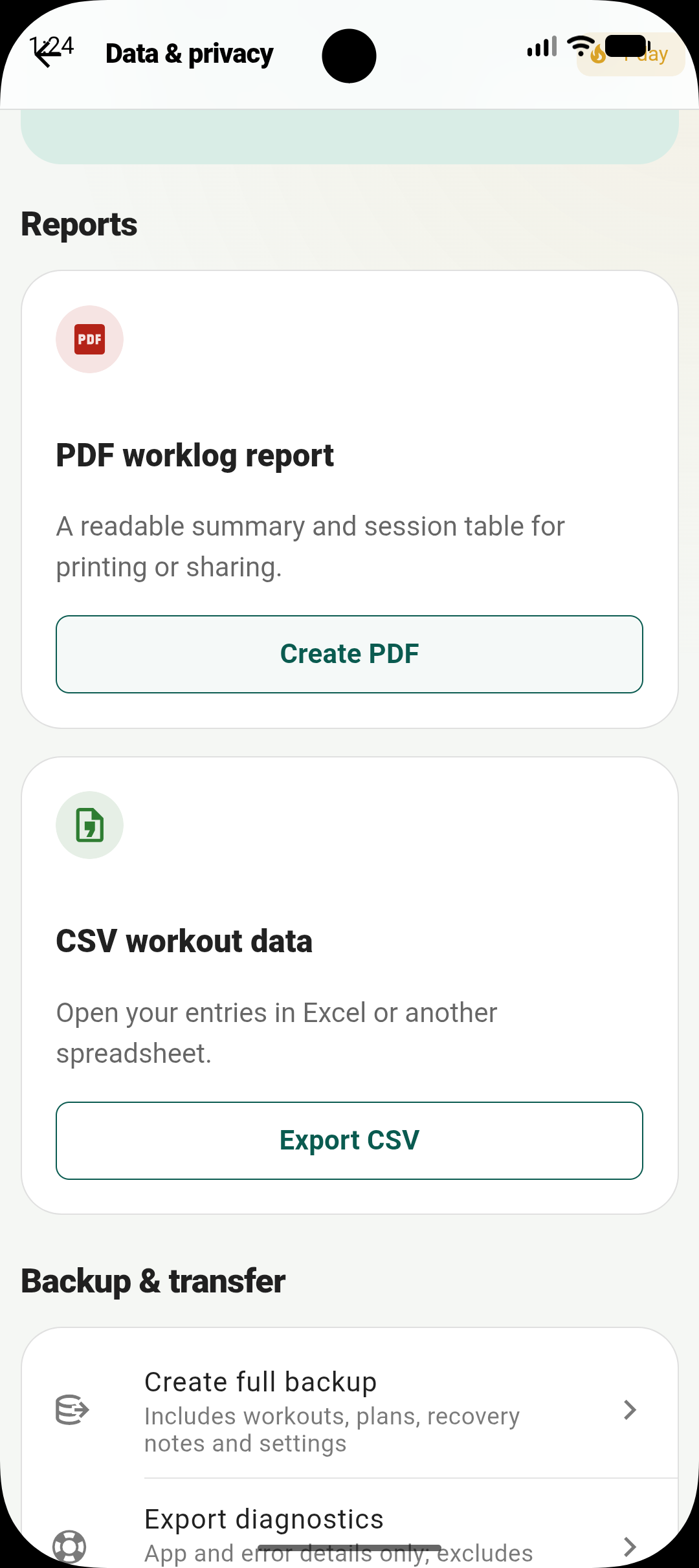 Grax Fitness data controls with PDF reports, CSV exports and backup options