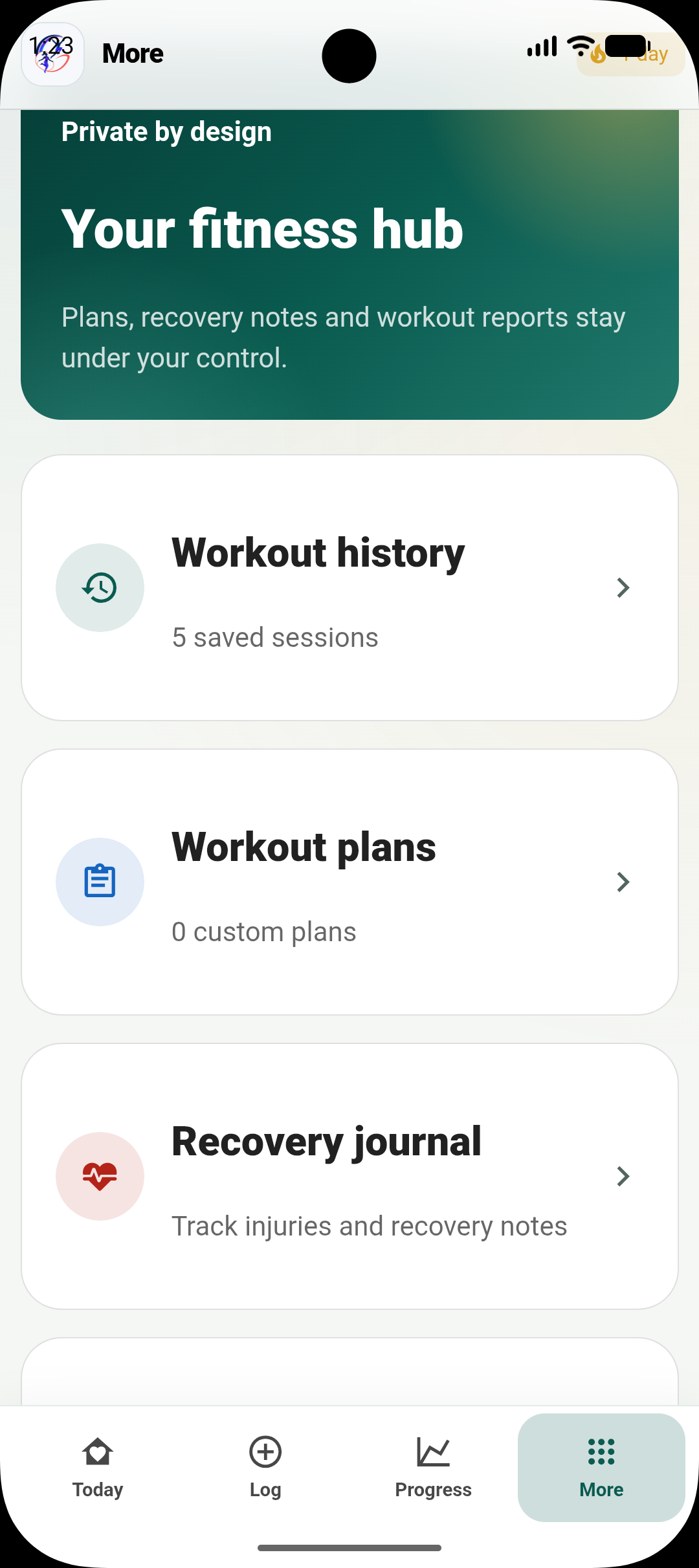Grax Fitness hub with workout history, workout plans and recovery journal