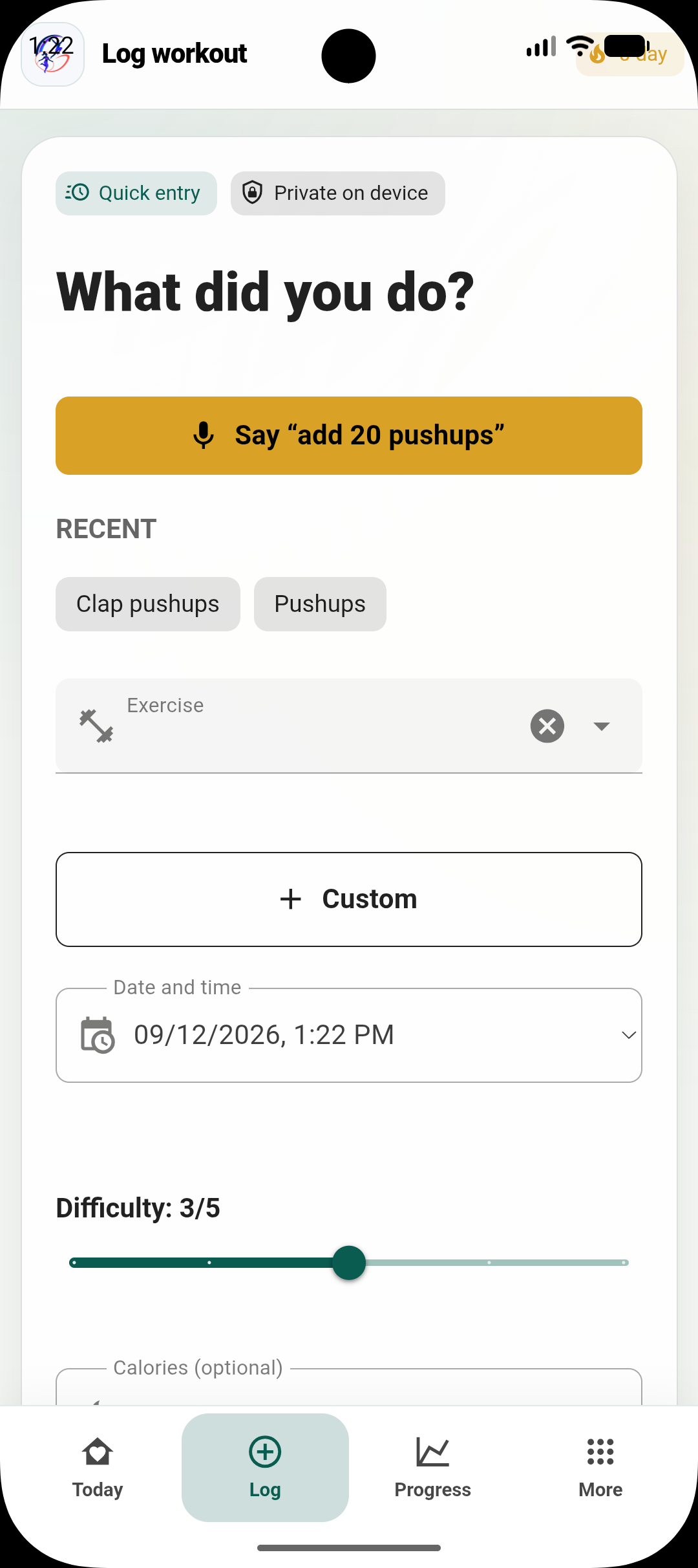 Grax Fitness workout log with voice entry, custom exercises and difficulty