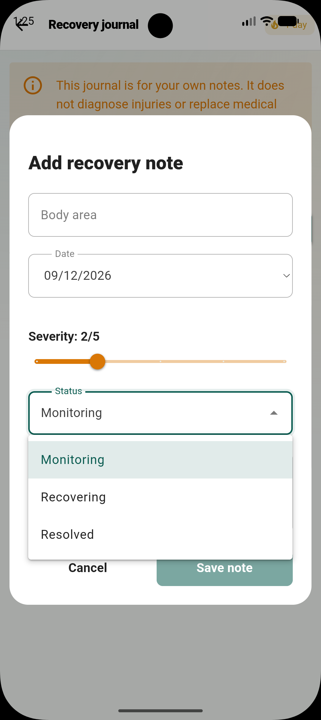 Grax Fitness recovery note with body area, date, severity and recovery status