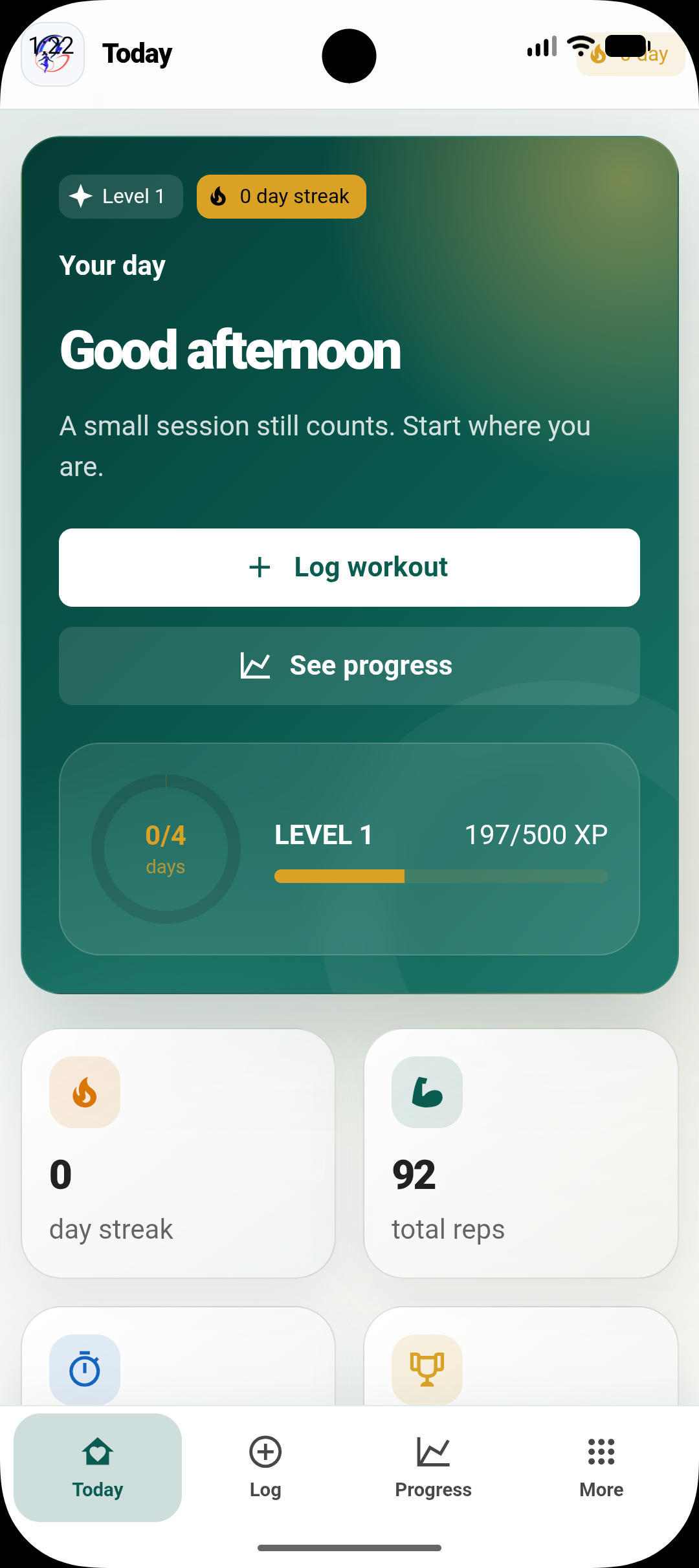 Grax Fitness Today dashboard with workout logging, streaks and total reps