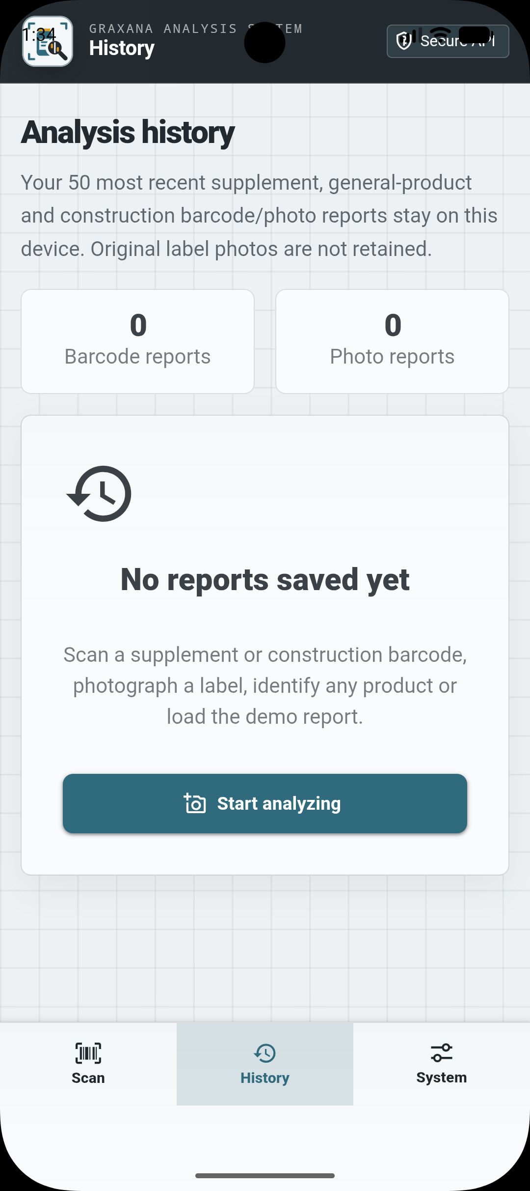 Grax Scanner analysis history with barcode and photo report tabs