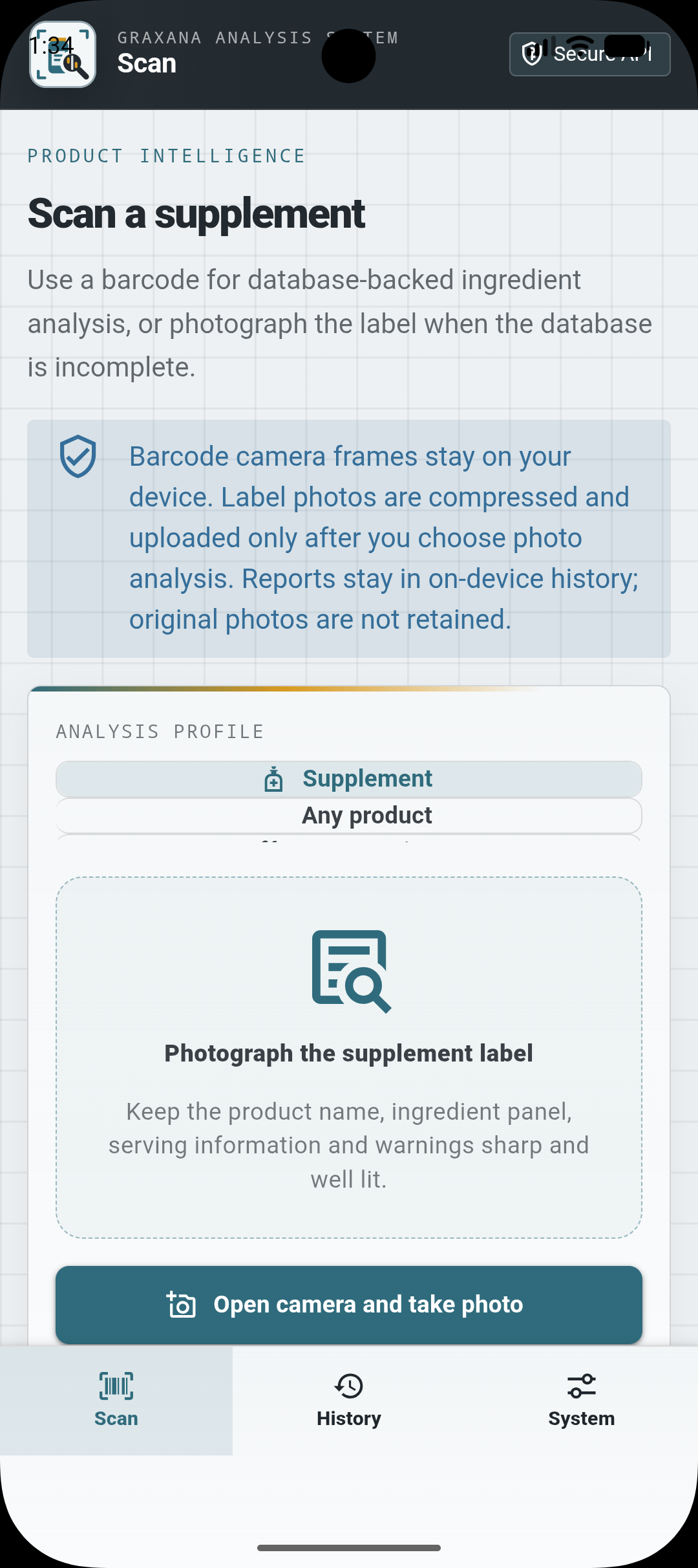 Grax Scanner supplement scan with analysis profile and label-photo capture