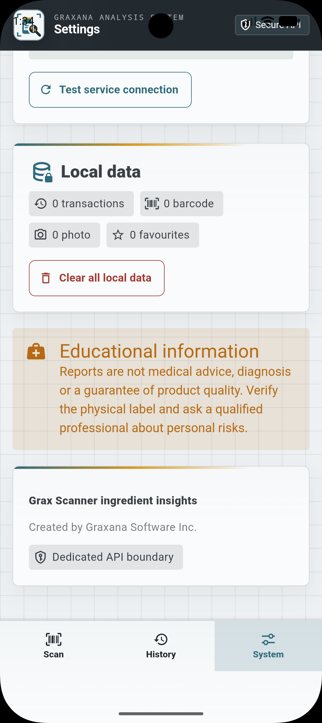 Grax Scanner settings with local data controls and educational information