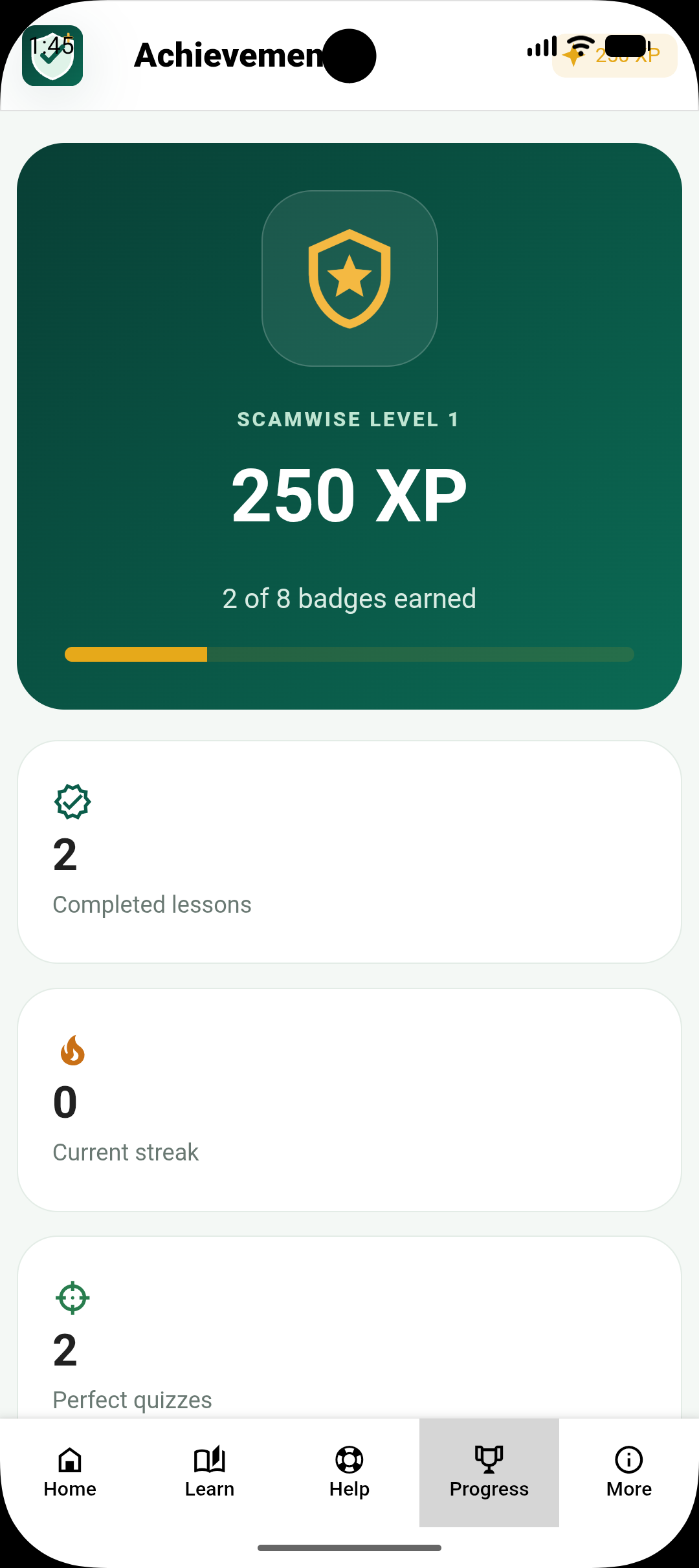 ScamWise 101 achievements showing experience points and completed lessons