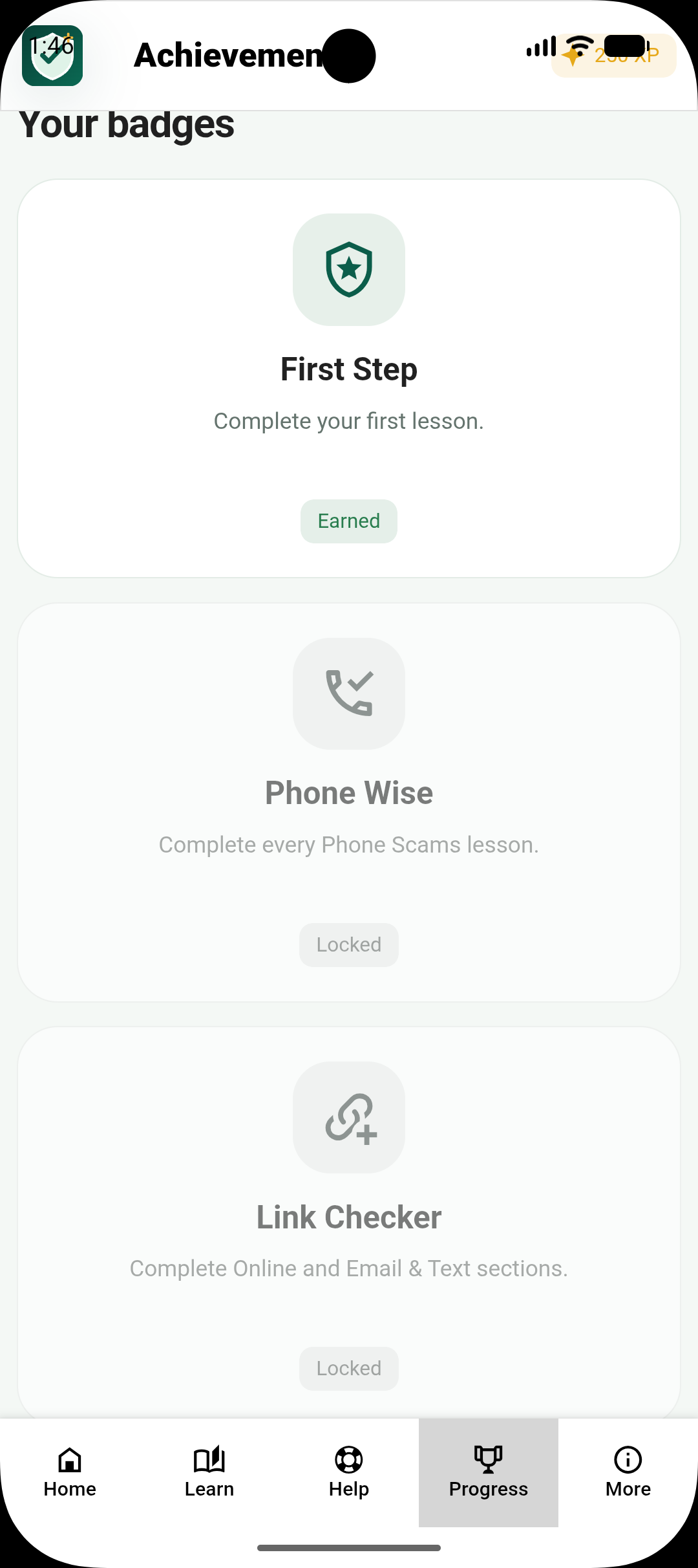 ScamWise 101 earned and upcoming learning badges