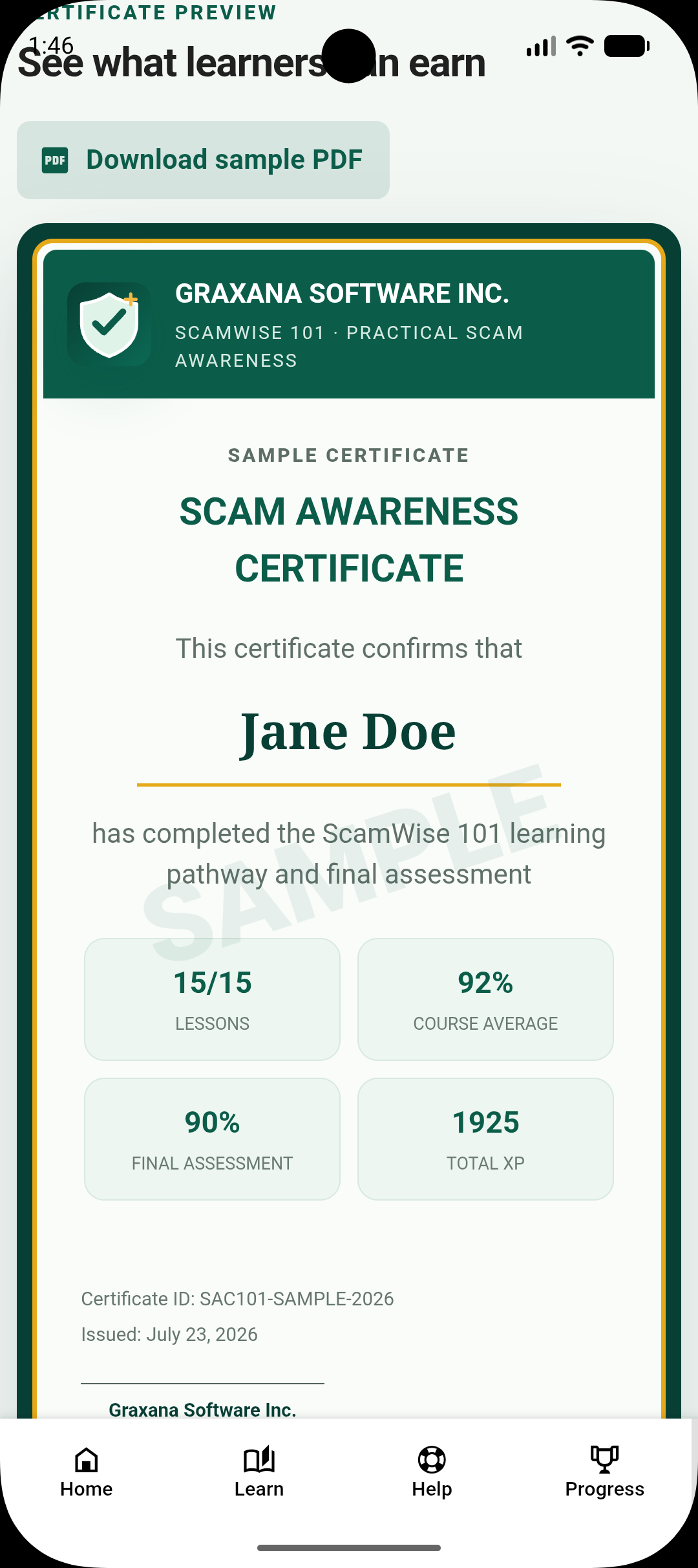 ScamWise 101 sample course-completion certificate preview