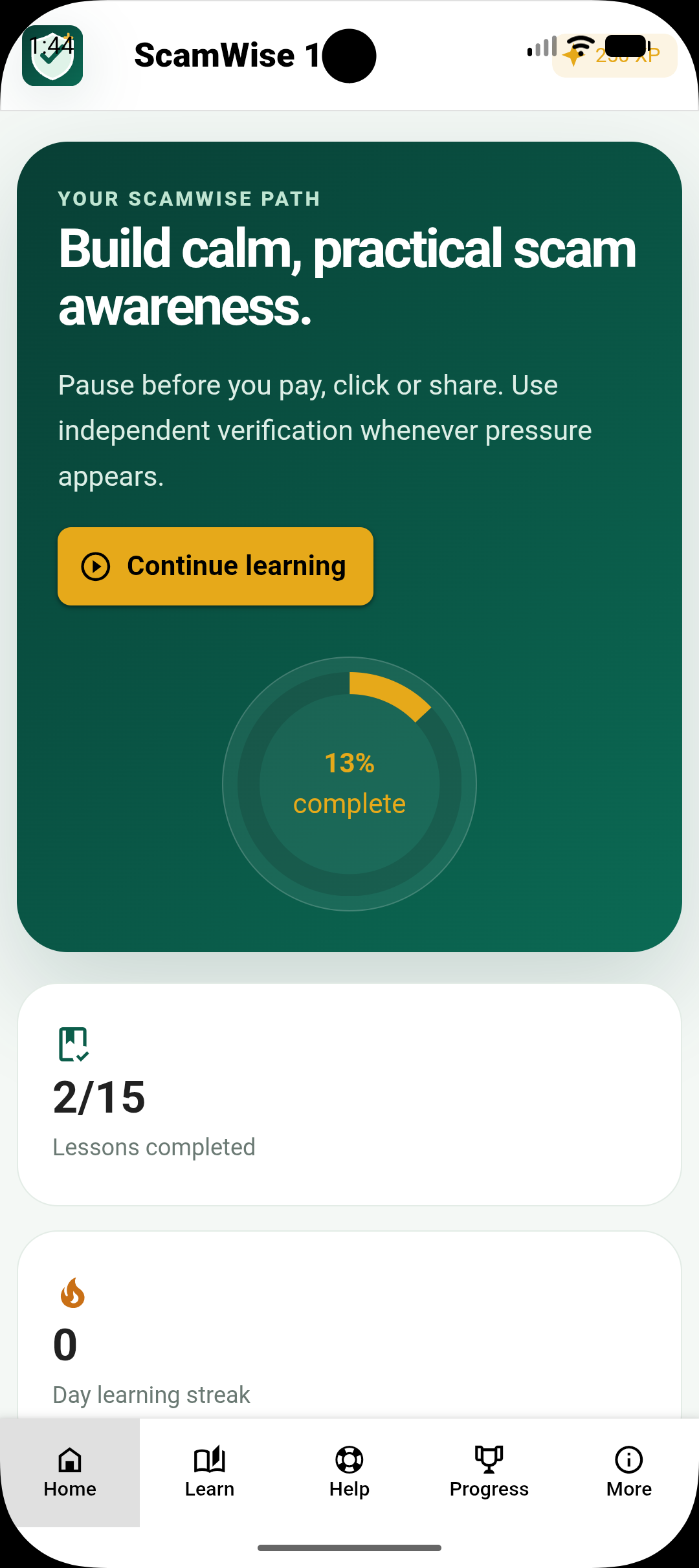 ScamWise 101 learning dashboard with course progress and completed lessons