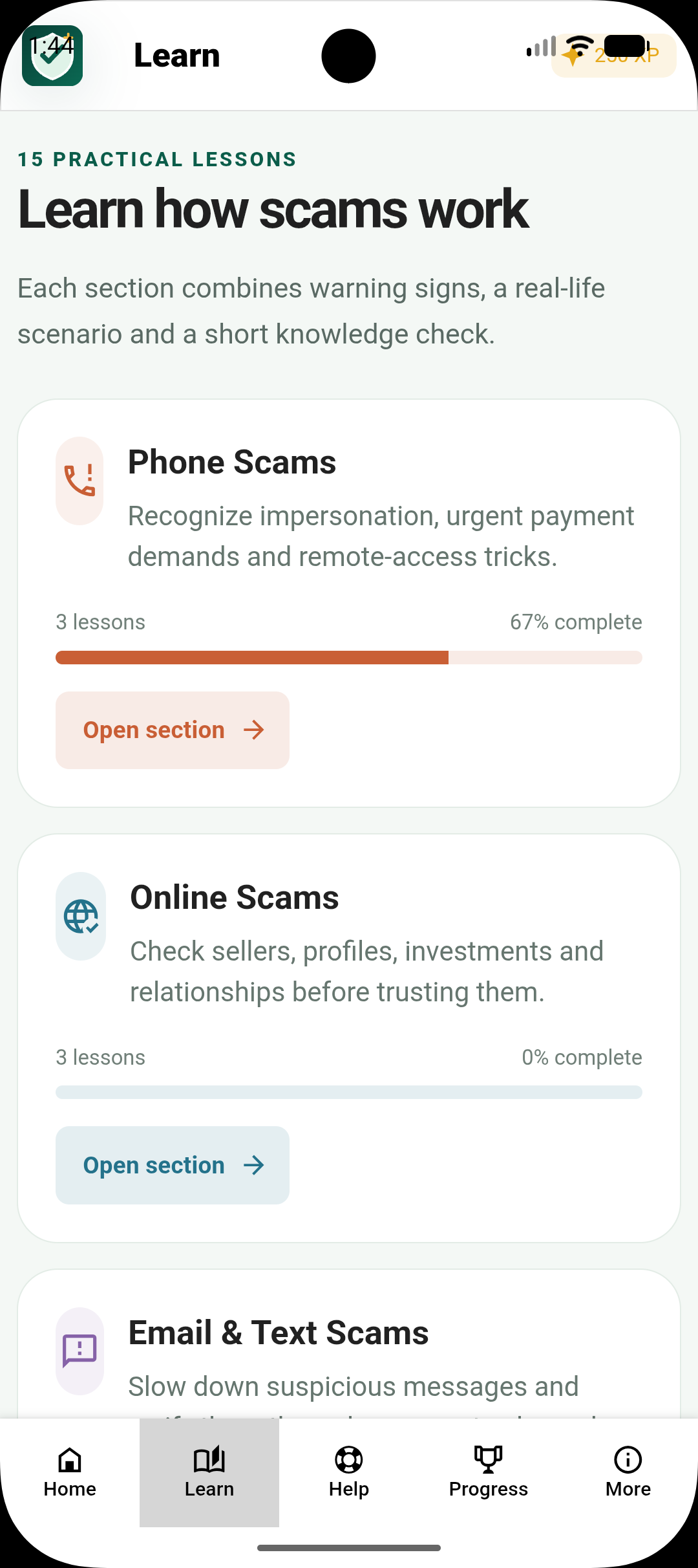 ScamWise 101 Learn screen with practical lesson sections and progress
