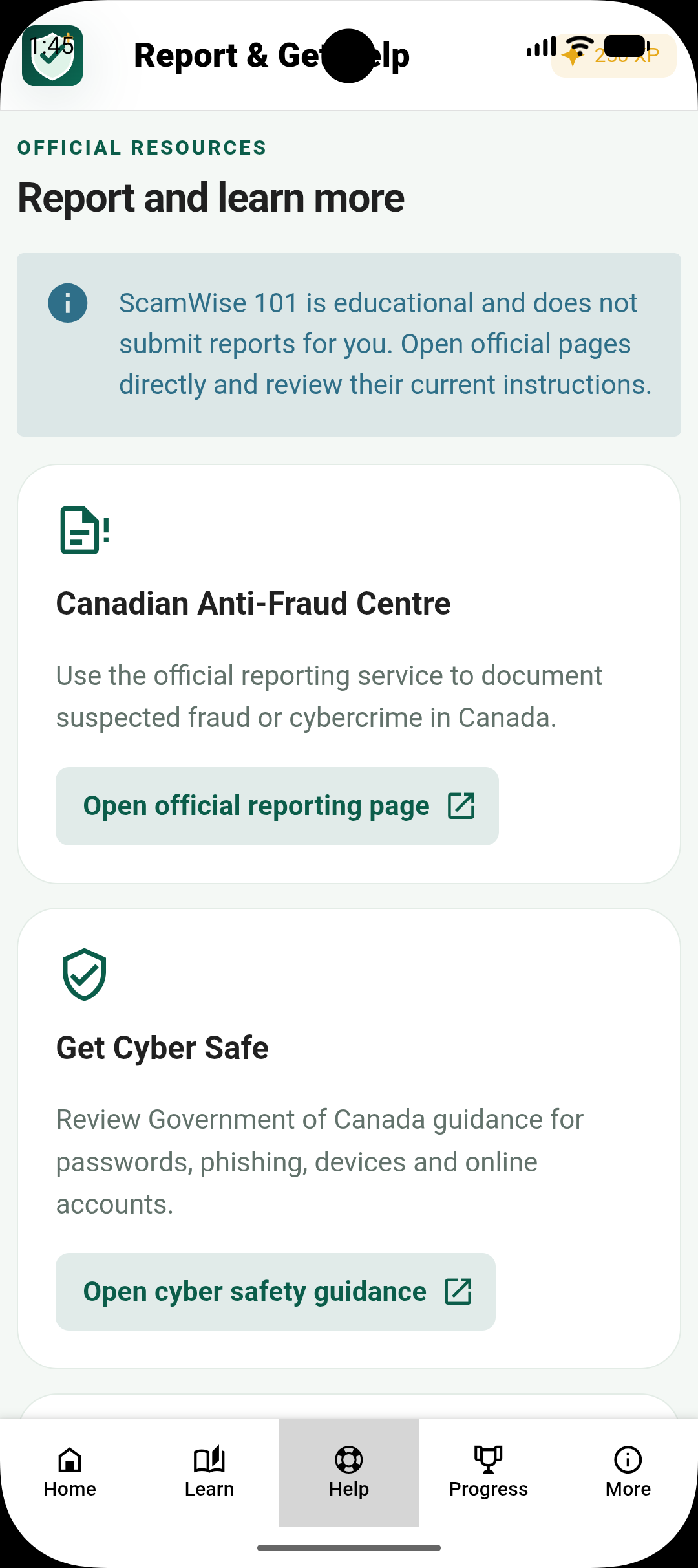 ScamWise 101 Report and Get Help screen linking to official Canadian resources