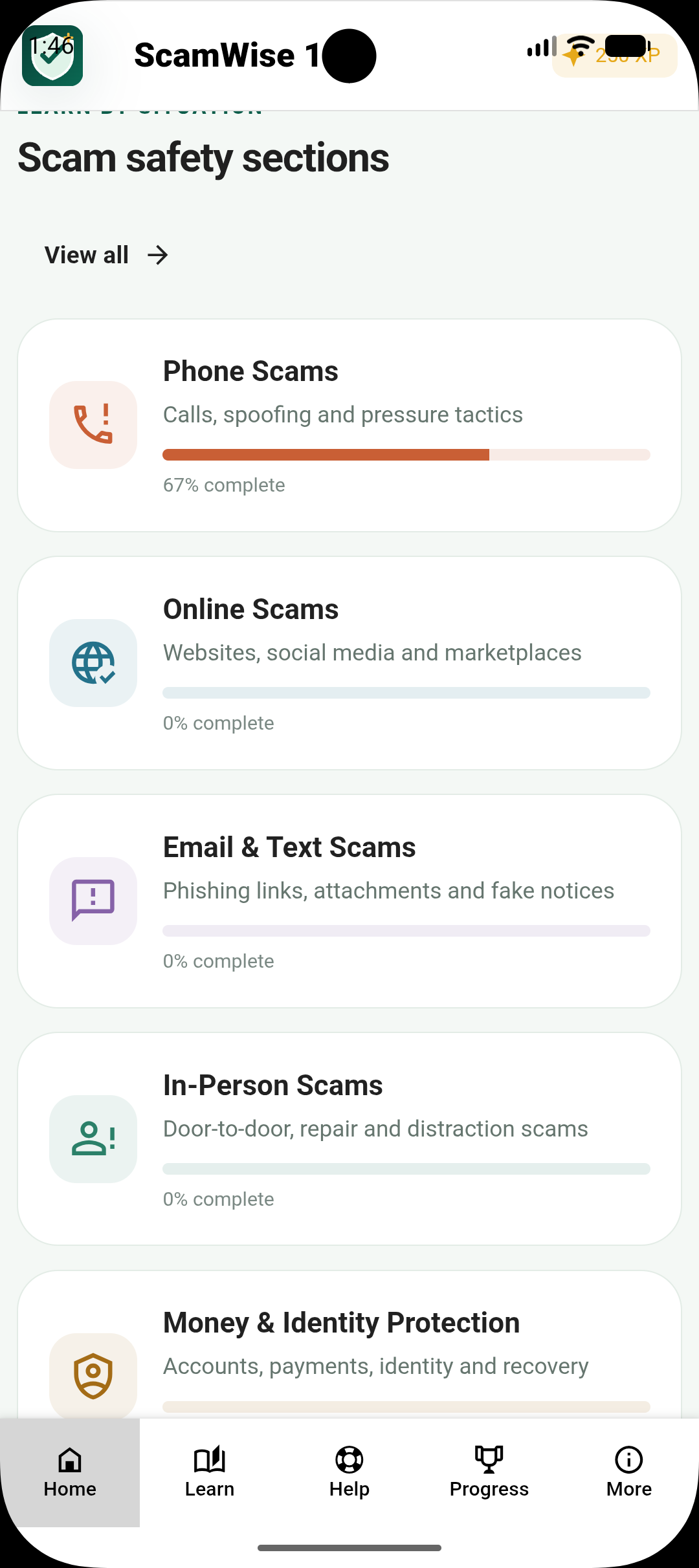 ScamWise 101 sections for phone, online, message, in-person and identity scams