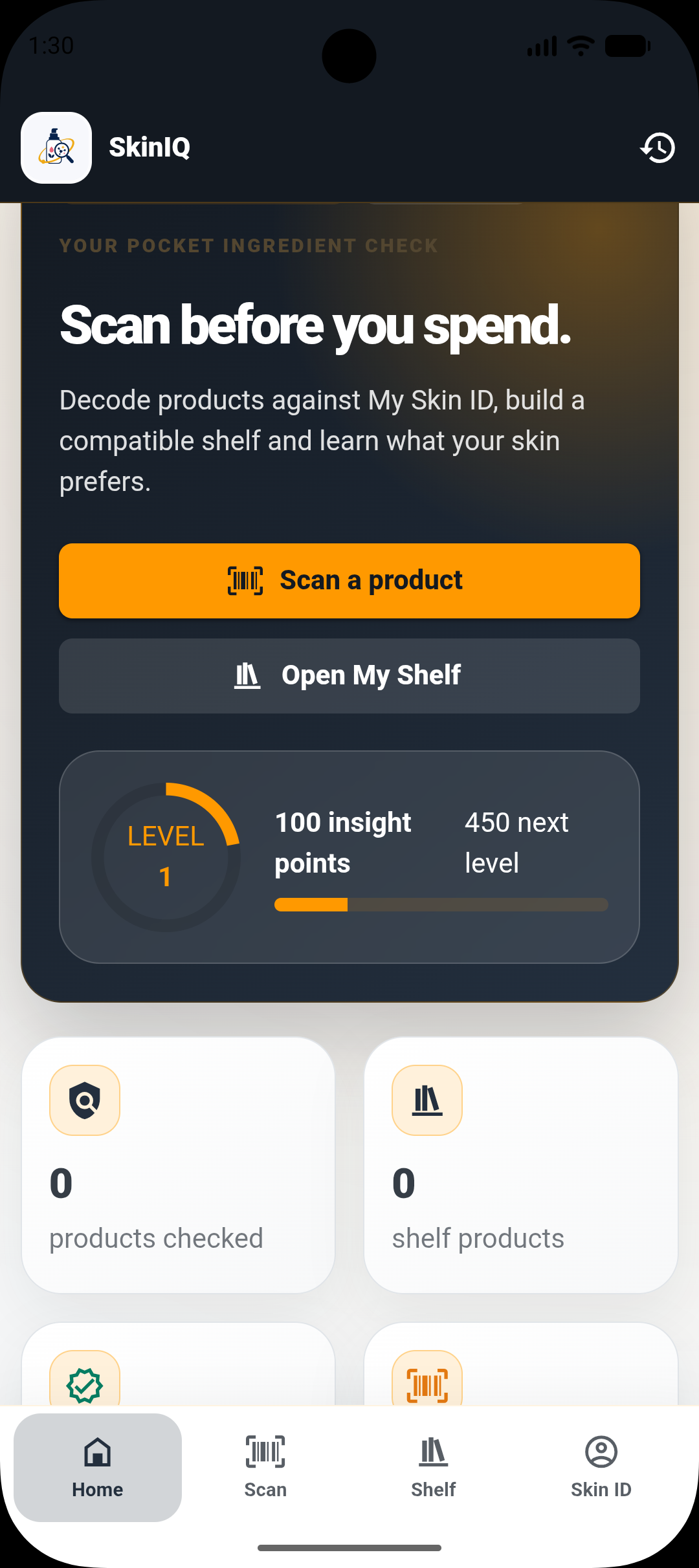 SkinIQ home with product scanning, My Shelf and insight points