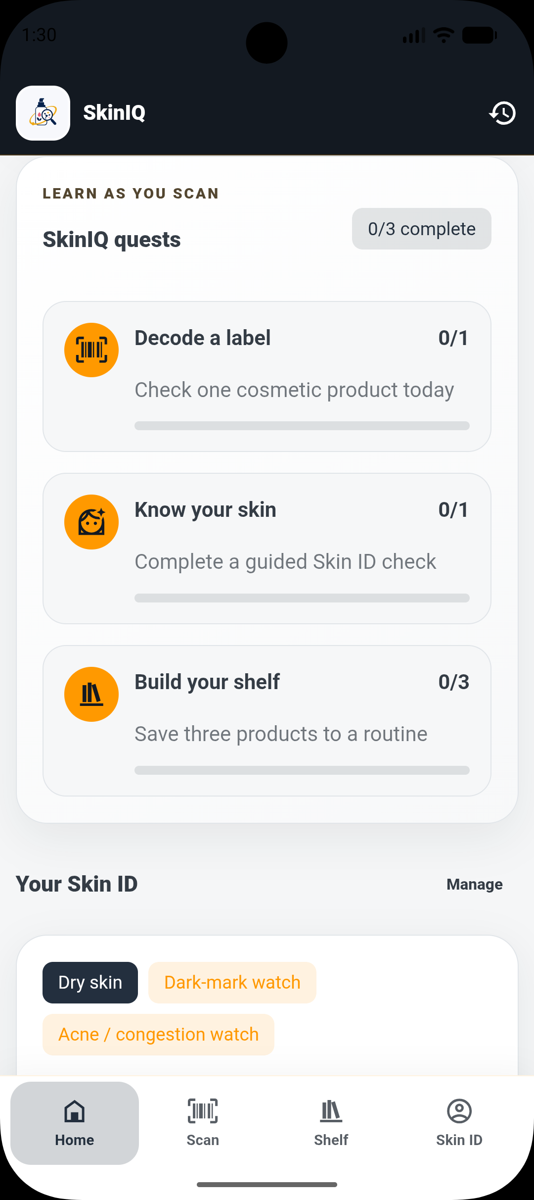 SkinIQ learning quests and the active Skin ID summary