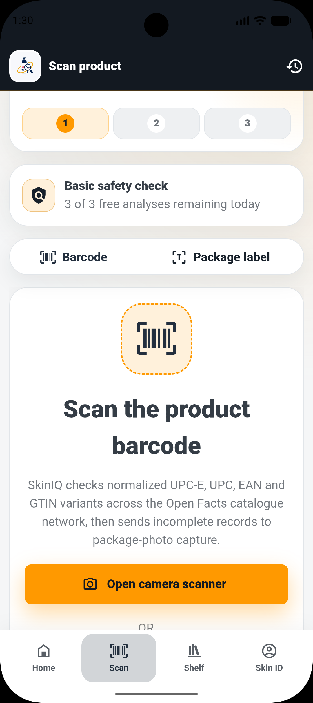 SkinIQ product scanner with barcode and package-label options