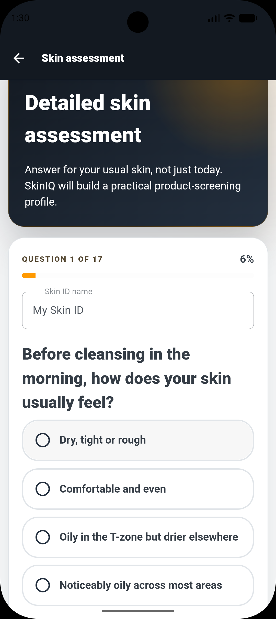 SkinIQ detailed assessment asking how skin usually feels before cleansing